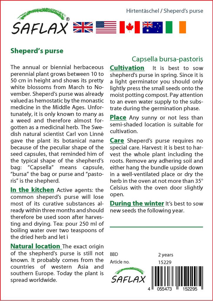 SAFLAX Garden in the Bag - Пастушья сумка - 1000 семян - С субстратом в подходящем мешке - Capsella bursa-pastoris