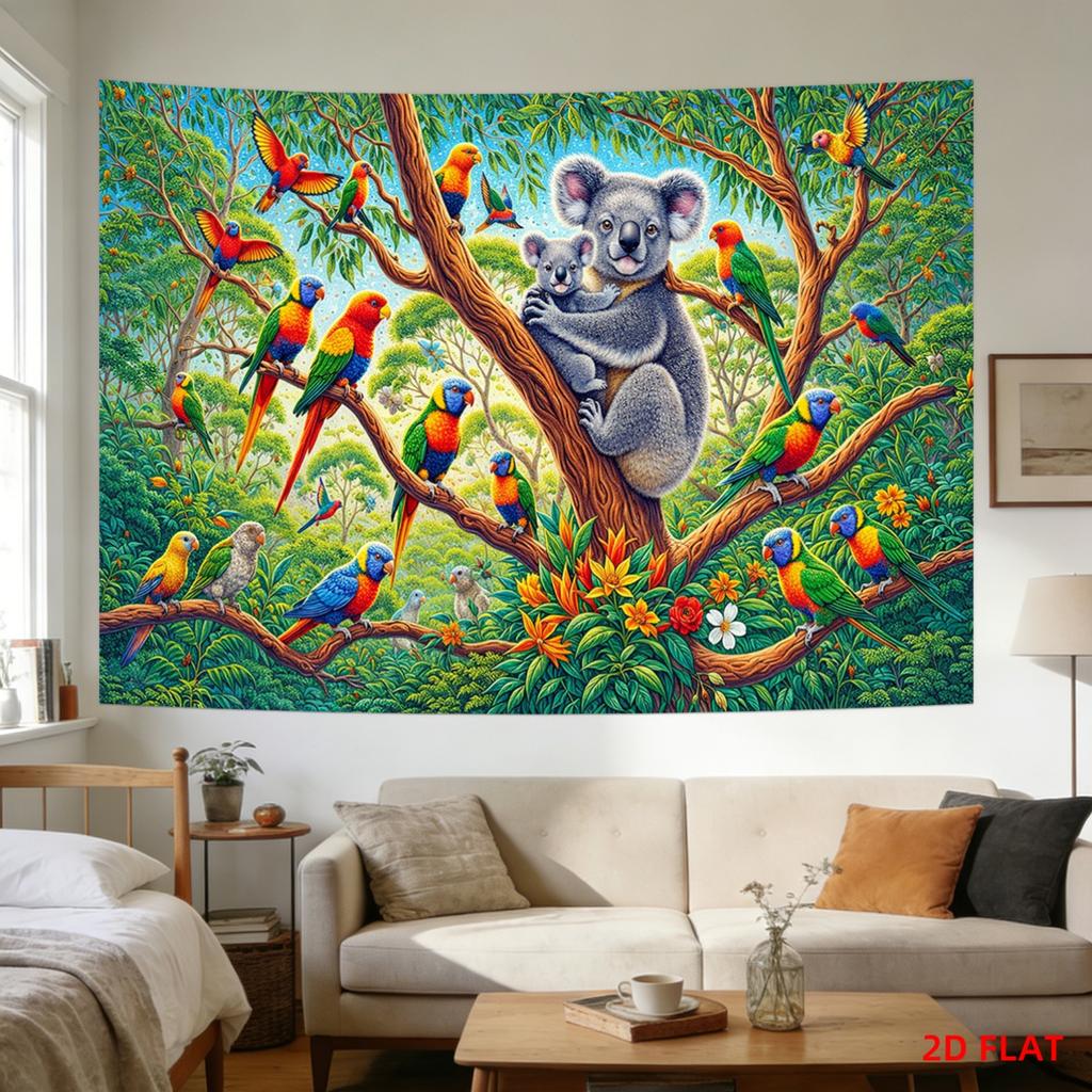 Vivid Tropical Koala and Colorful Parrot Jungle Mural Tapestry Wall Hanging Bohemian Safari Art for Modern Home Decor Decoration