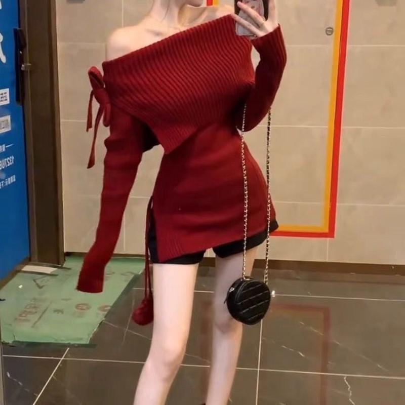 Сплошной свитер с открытыми плечами и милым бантом для женщин, трикотажные тонкие элегантные топы Y2k, женские корейские модные повседневные пуловеры 2024