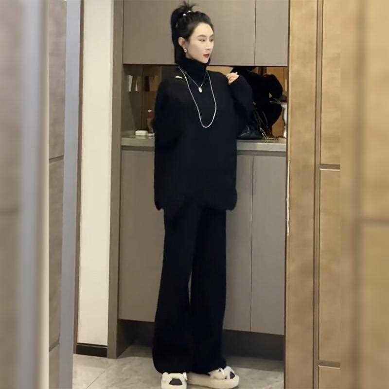 Women's Purple High-Collar Knit Sweater & Wide-Leg Pants Set - Trendy Two-Piece for Autumn/Winter