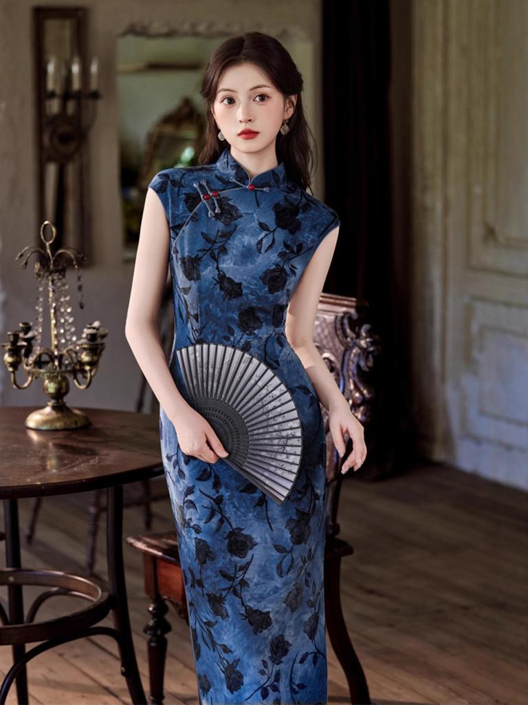 1011 autumn new cheongsam new Chinese style short-sleeved cheongsam stand-up collar waist thin long ink painting cheongsam