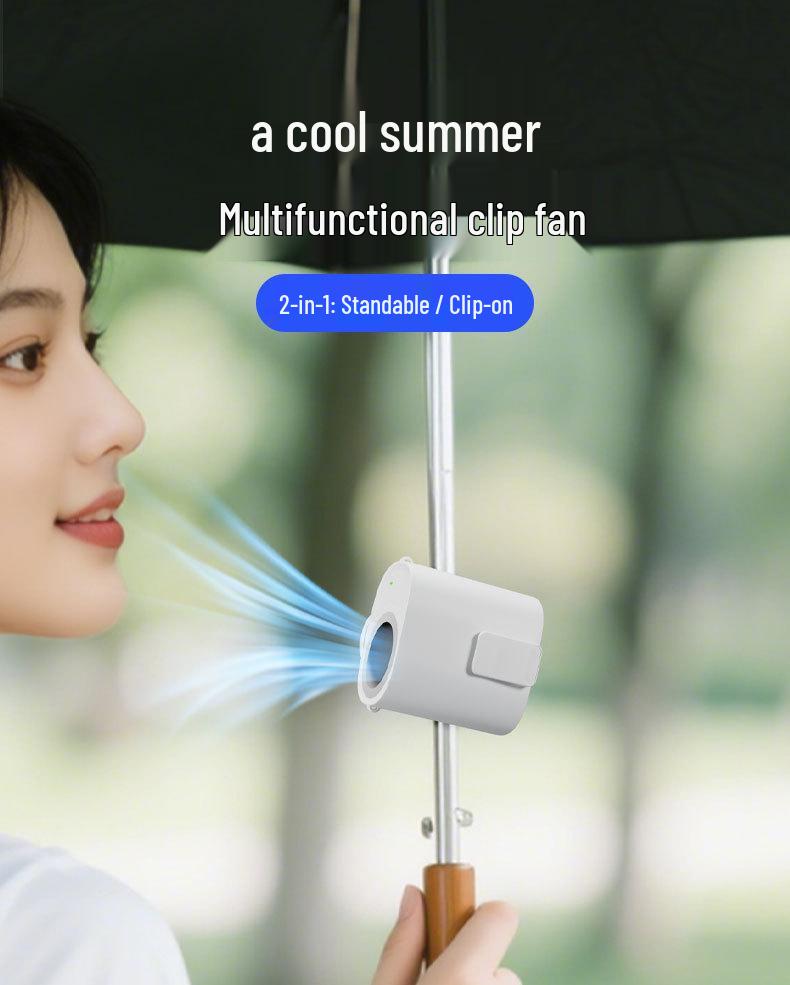 Portable USB Rechargeable Hanging Waist Fan with Umbrella Clip, High-Speed Turbine, and Adjustable Speeds