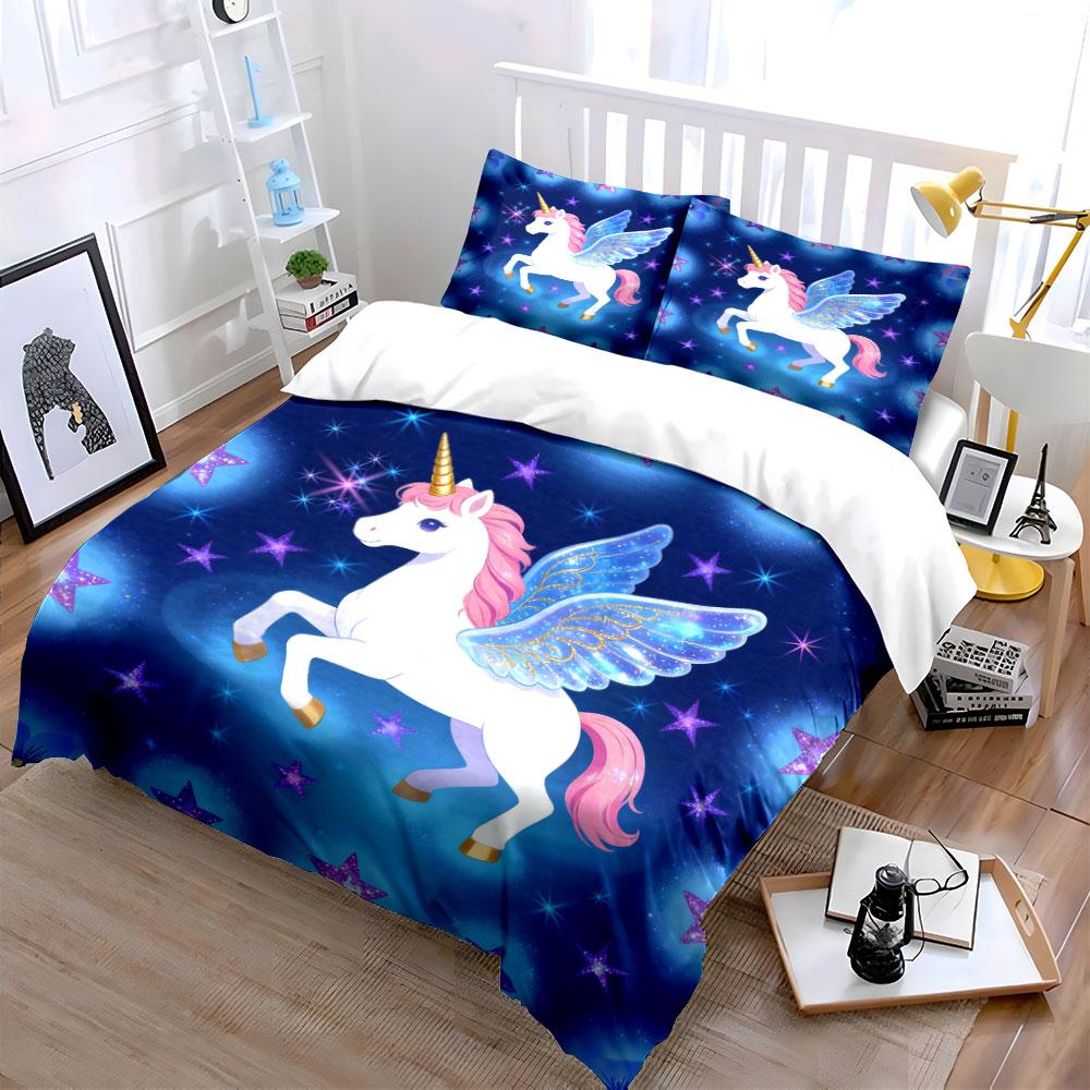 Unicorn with Wings and Stars Bedding Duvet Cover Set (1*Duvet Cover 2*Pillowcases, without duvet insert)