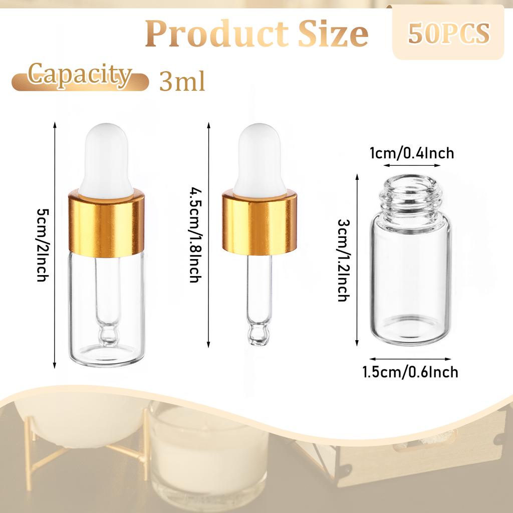 Beautywen 50 Pcs Mini Essential Oil Dropper Bottle 3Ml Clear Glass Dropper Vails With Gold Color Plating Ring