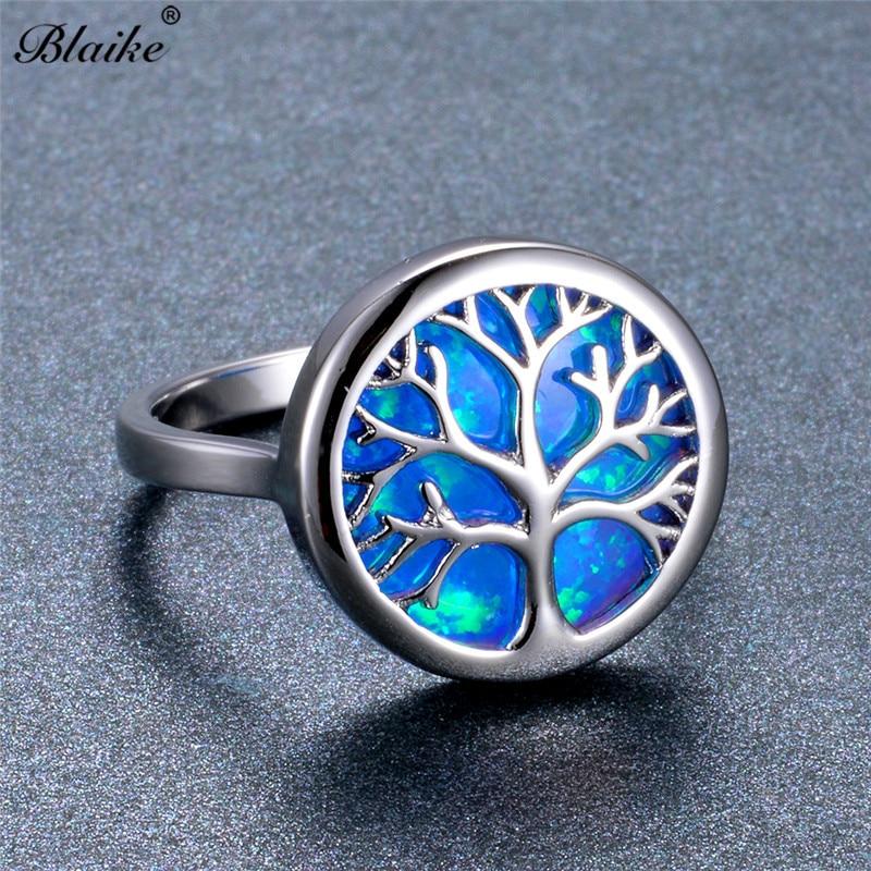 Кольца Blaike Vivid Life Tree с белым/голубым огненным опалом для женщин и мужчин, кольцо из стерлингового серебра 925 пробы, ювелирные украшения, радужный камень, подарки