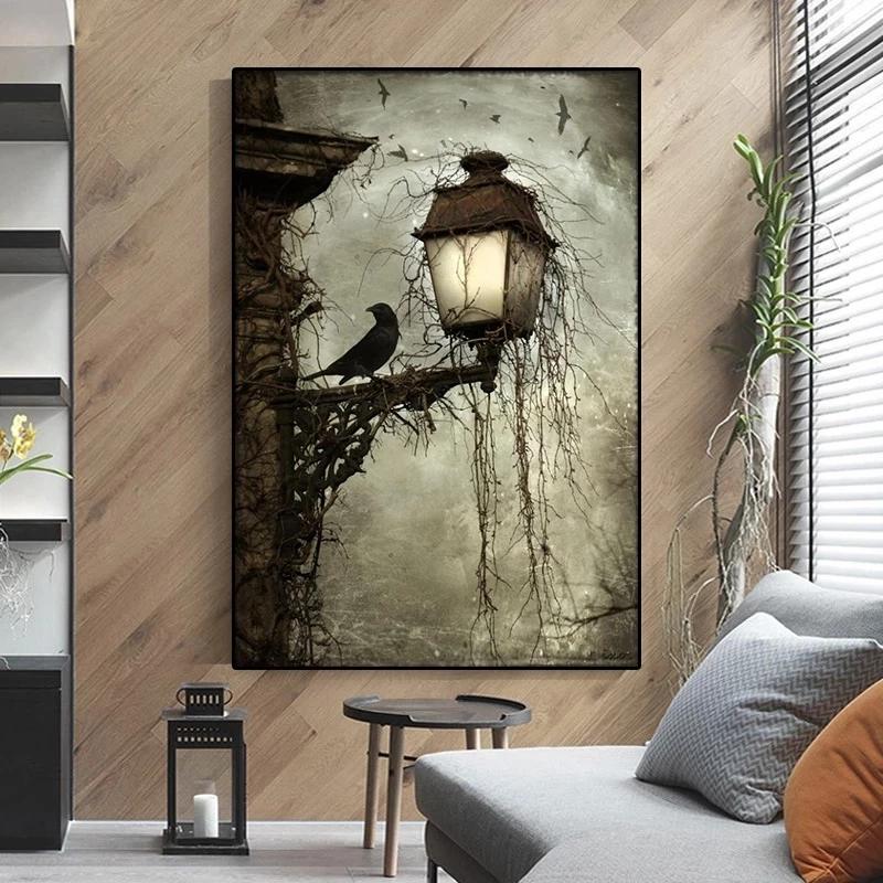 Винтажная лампа с черной вороной, холст, картины, постеры и принты на Хэллоуин, настенные художественные картинки для украшения стен гостиной, Cuadros