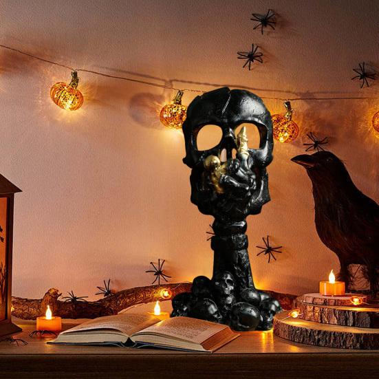 Подсвечник в виде черепа на Хэллоуин, готический, без слов, черно-белый, из смолы, со скелетом