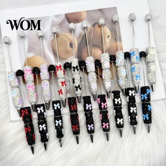 Exquisite Stationery Glitter Beadable Ballpoint Pen, Rhinestone Bow Beaded Handmade DIY Decorative Ink Pen Bling Black Pens for Making, School Office
