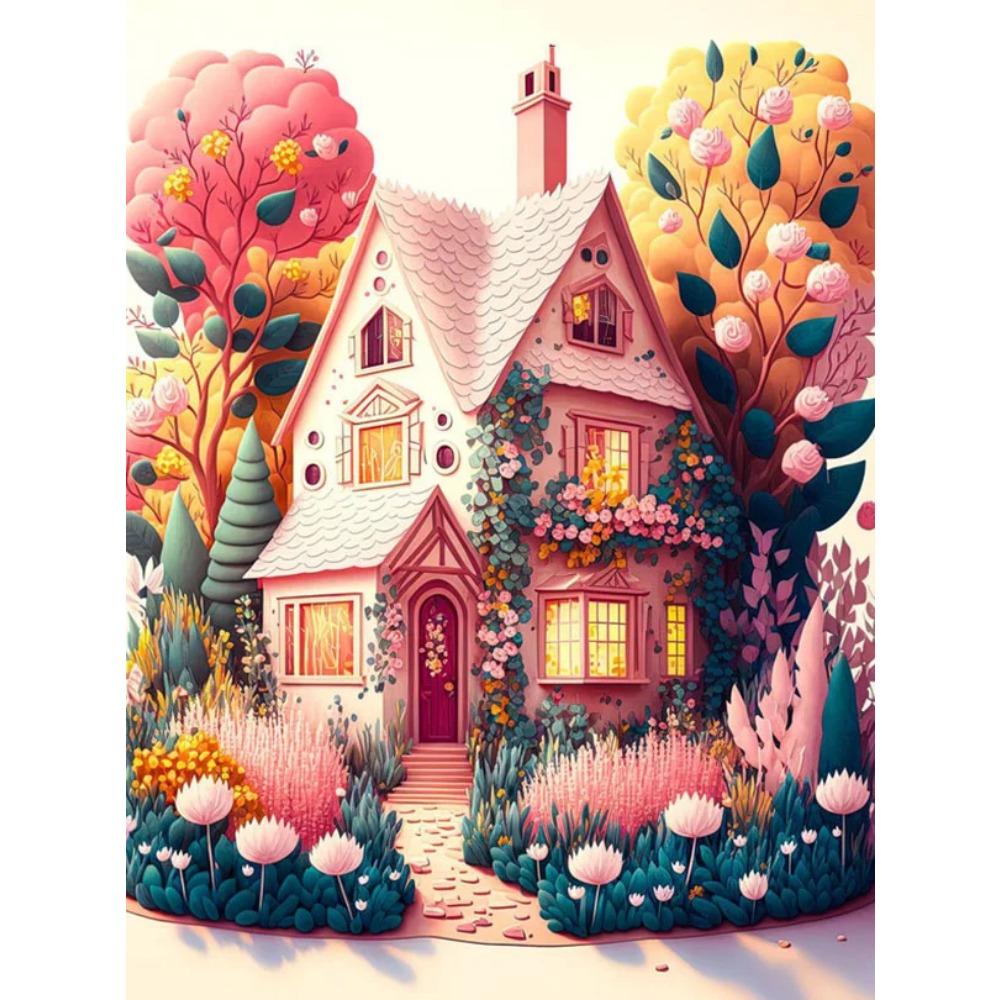 Алмазная картина Full Drill Art Розовый дом Животное Круглая алмазная живопись Ручная работа Звезда Кот Diy Алмазная мозаика Картина Украшение дома