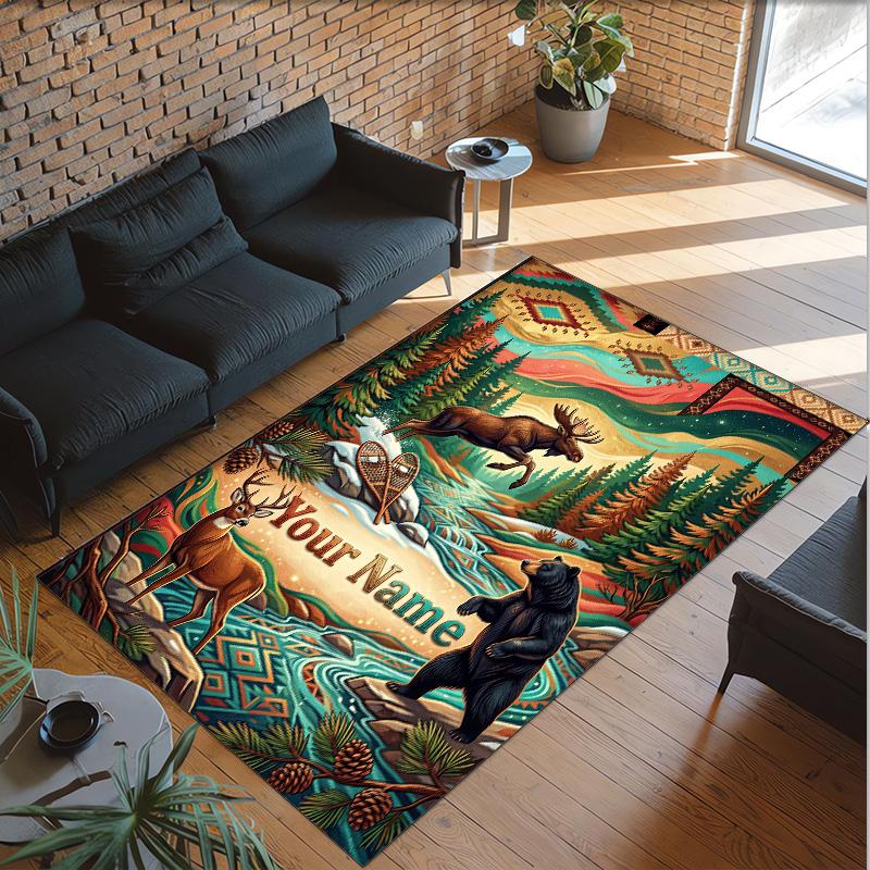 Forest Nature Theme Crystal Velvet Rug Personalized Custom Name Text Soft Floor Mat Home Decor