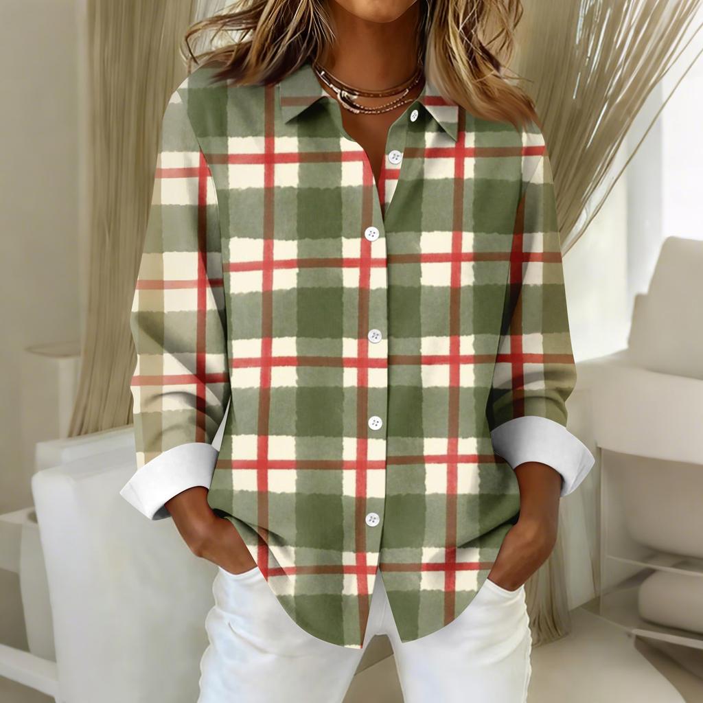 Женская рубашка-блузка с рождественским принтом и пуговицами, длинный рукав, повседневный базовый рубашечный воротник, обычный топ