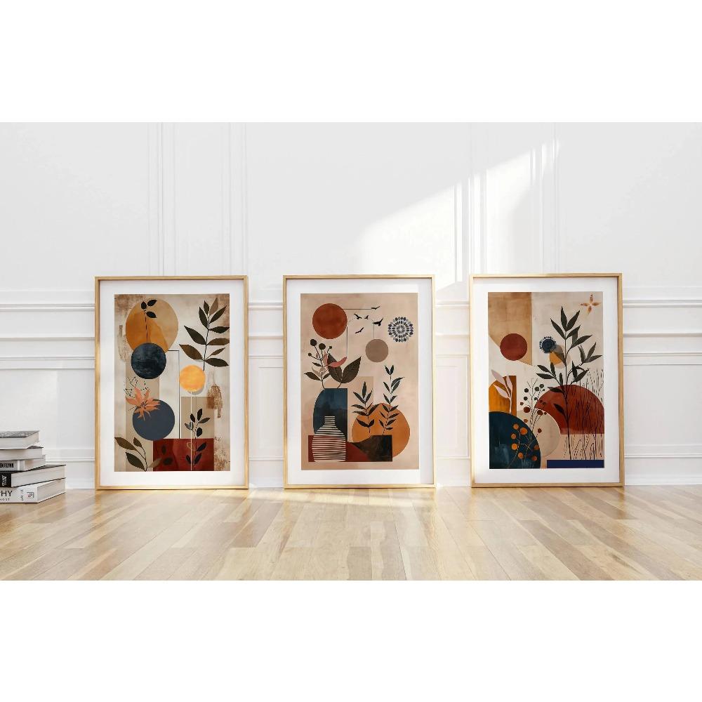 Boho Mid-Century Botanical Canvas Wall Art Set, Abstract Geometric Vase Prints, Minimalist Living Room Bedroom Home Decor Gifts