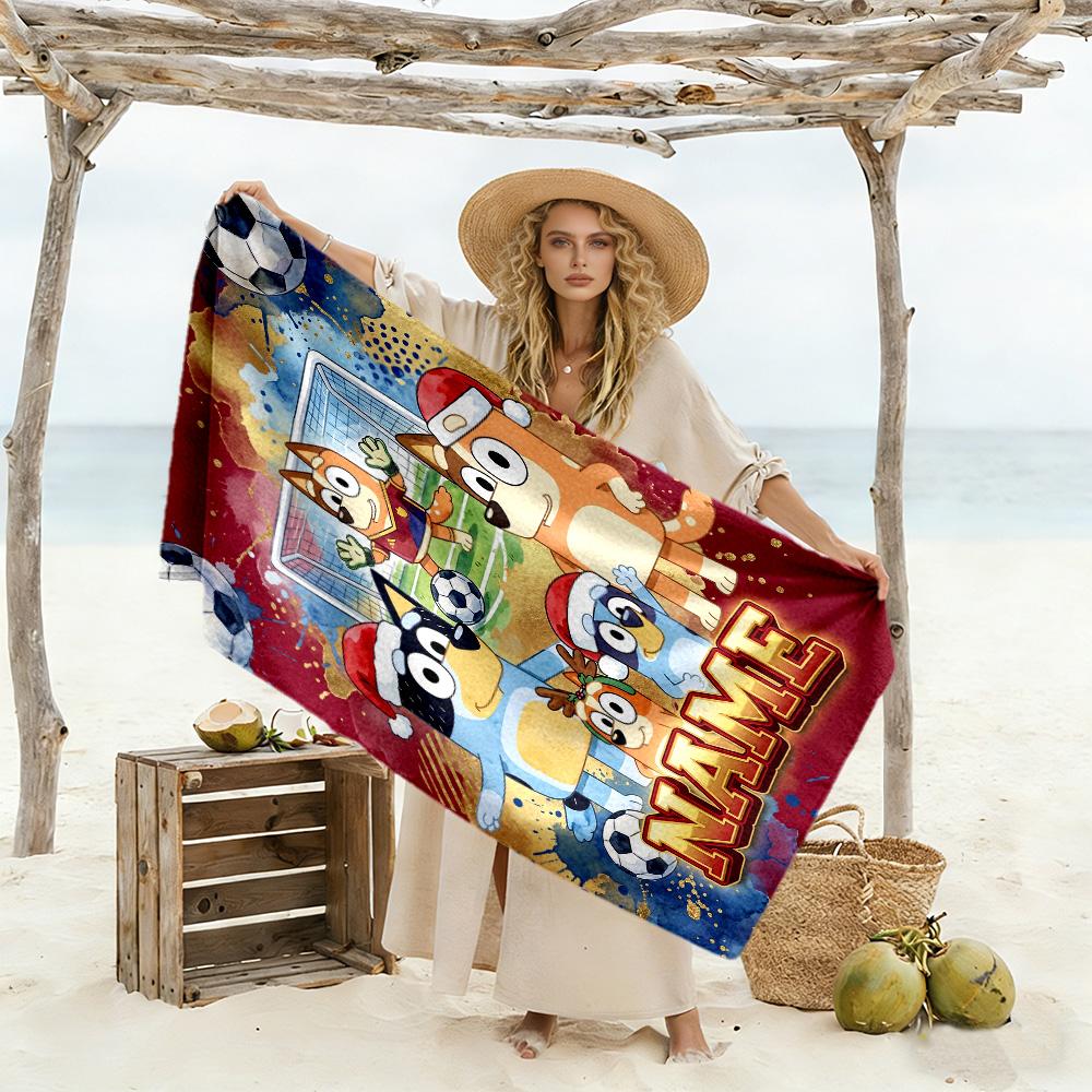 Soccer Friends Christmas Celebration Personalized Text Beach Towel Super Soft Microfiber Quickdry Fabric