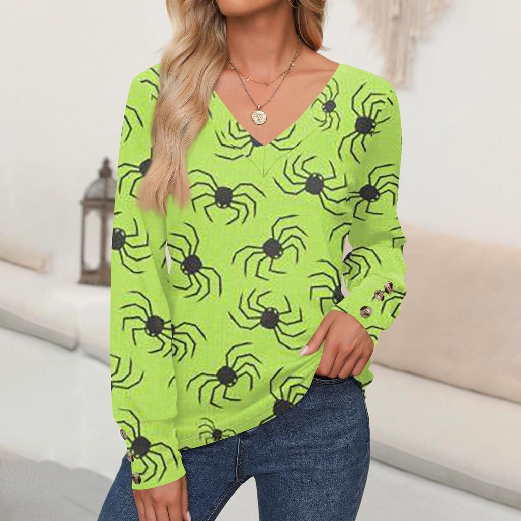 Женские топы с принтом на Хэллоуин, рубашка с длинным рукавом, V-образный вырез, повседневная свободная футболка, осенняя одежда