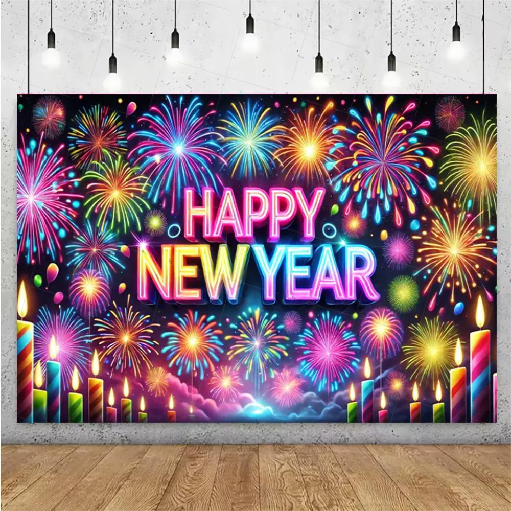 Glittering 2026 Happy New Year Backdrop Supplies Firework Ribbon Balloon Background New Year Party Decoration Photo Shoot Props