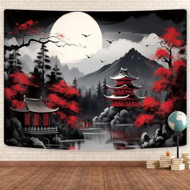 Japanese Ink Landscape Tapestry Red Sun Bird House Wall Hanging Bedroom Living Room Aesthetic Wall Decor Home