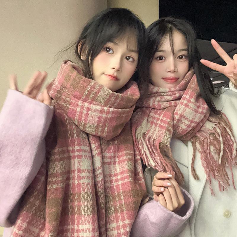 Plaid Scarf Women's Korean Style Warm Atmosphere New Dry Rose Pink Whitening Soft Tassel Shawl Scarf