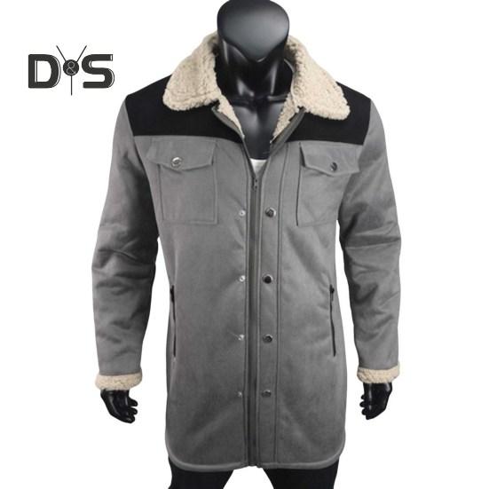 Men Jacket Large Plush Lapel Long Sleeve Vintage Suede Jacket with Pockets Zipper Up Mid-length Motorcycle Coat