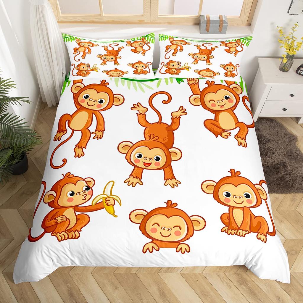 Комплект постельного белья с милой обезьянкой, двойной, с рисунком банана, звезд, пододеяльник с изображением тропических диких животных и фруктов, желтый пододеяльник
