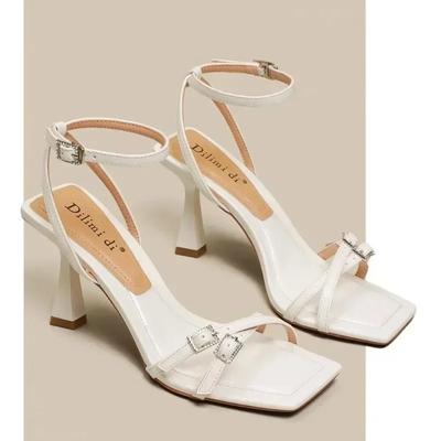 Женские босоножки, модные, с квадратным носком, узкий ремешок, женская обувь, летние, новые, повседневные, однотонные, кожаные, вечерние, на высоком каблуке