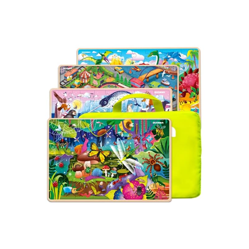 QUOKKA Wooden Puzzles for Kids Ages 4-6 – 4 Types, 60 Pieces, Ages 6-8 – Animal, Dinosaur, and City Jigsaw Puzzles, Educational Toys for Boys and