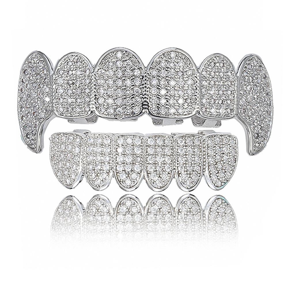 Iced Out 5A CZ Brass Fang Grillz 6 Upper 6 Lower Teeth Grills Hip Hop Party Jewelry Halloween Cosplay Vampire