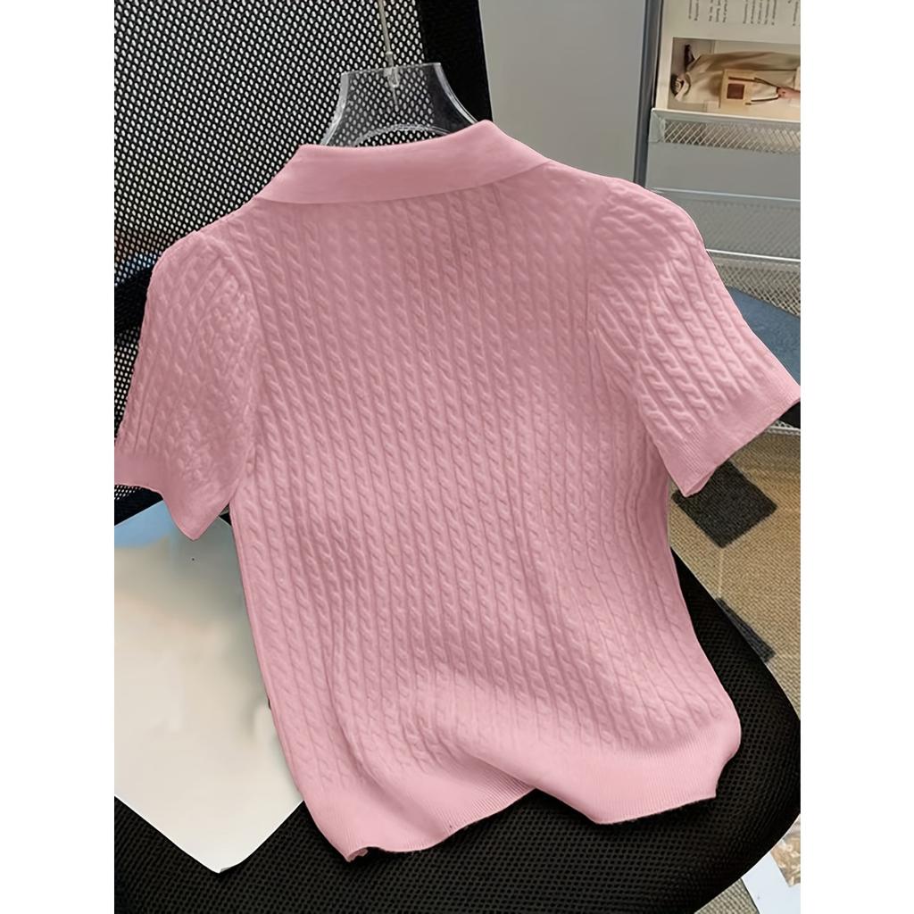 Temperament Lapel Ice Silk Knit Top Летняя свободная тонкая футболка с короткими рукавами
