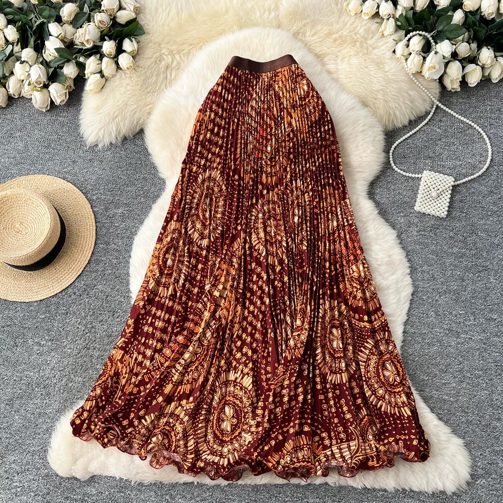 Весна Лето Женская Элегантная Юбка Макси с Принтом, Эластичной Талией и Плиссировкой для Пляжного Отдыха, Только Один Размер