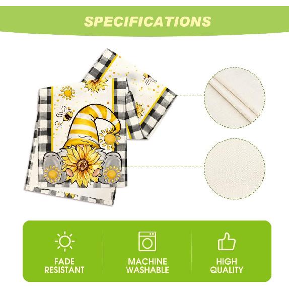 Artoid Mode Buffalo Plaid Sunflower Gnomes Bee Summer Table Runner, Seasonal Kitchen Dining Table Decoration for Home Party Decor 13x72 Inch
