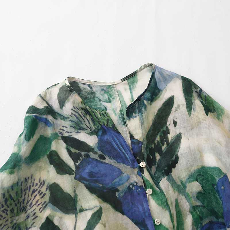 Ramie Smudged Printed Long-sleeved Shirt Women's Autumn Loose Niche Design Sense V-neck Sunscreen Top