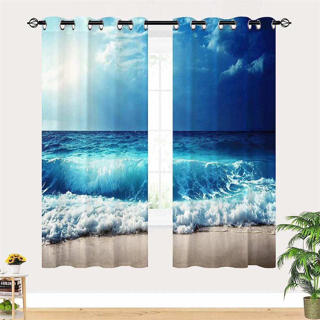 Summer Beach Starfish Sea Natural Sky Tree View Window Curtain For Living Room Kids Bedroom Bathroom Kicthen Door Home Decor2Pcs