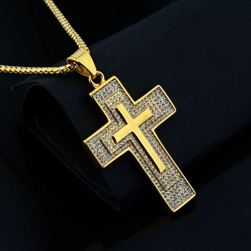 Religious Fashion Iced Out Bling Jesus Cross Pendant Male Gold Color Stainless Steel Christian Big Necklace for Men Jewelry Gift