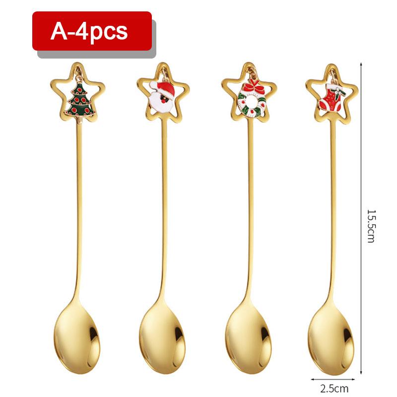 4PCS Christmas Coffee Spoons Set Gold Christmas Stainless Steel Spoon Dessert Spoon 2025 New Year Decoration for Tableware