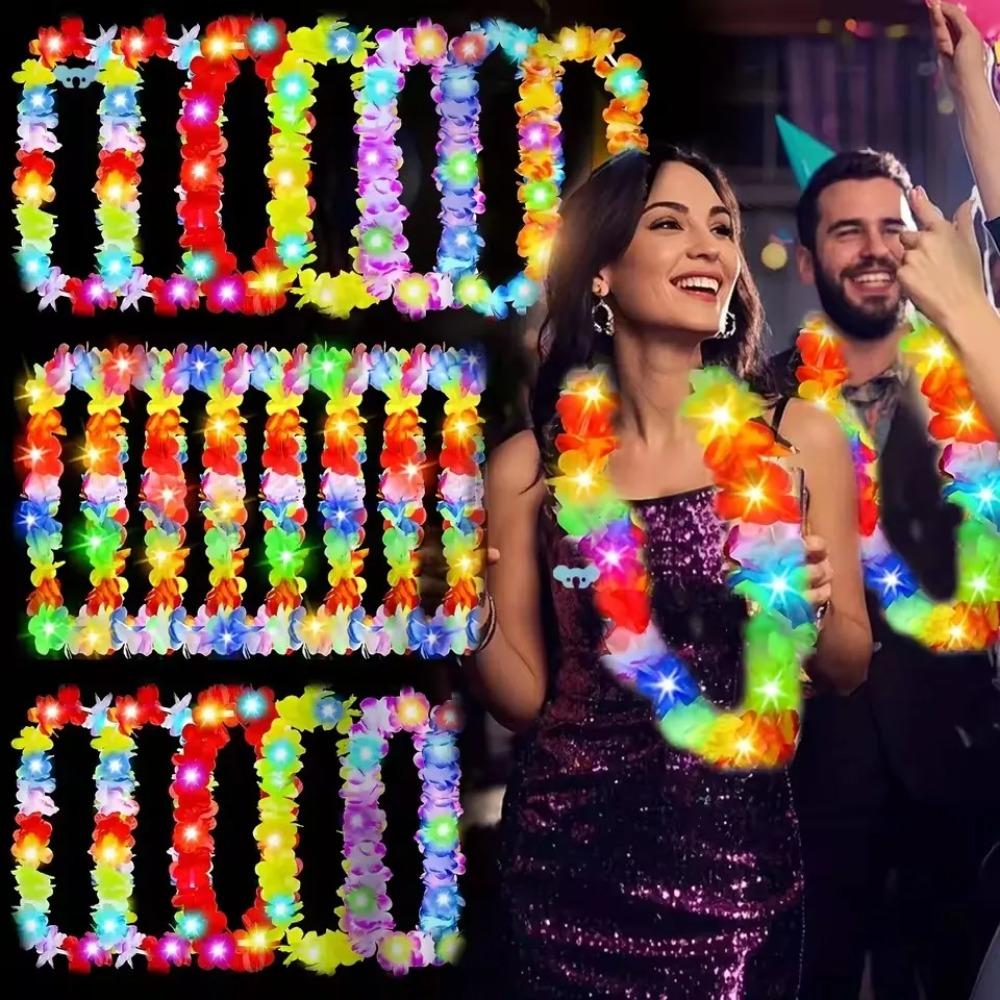 5-20pcs Light-up Hawaiian Leis LED Glow Necklaces Headbands Luau Party Artificial Rainbow Lei Carnival Beach Wedding Masquerade