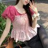 Милая блузка с пышными рукавами и тонкой сборкой, летняя, с принтом из ломаных цветов, комбинированная, женская одежда, с круглым вырезом, модная, с кулиской и бантом на талии