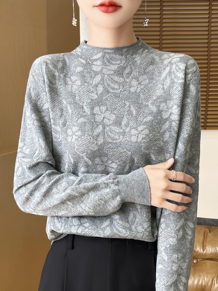 Dark Floral Half-High Collar Sweater for Women - Autumn/Winter Knitwear, Versatile Stylish Base Layer Top