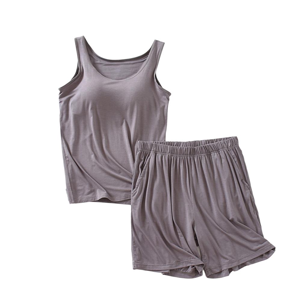 Women's Pajama Set With Chest Pad Solid Color Sleeveless Vest Short Split Pants Two Pieces