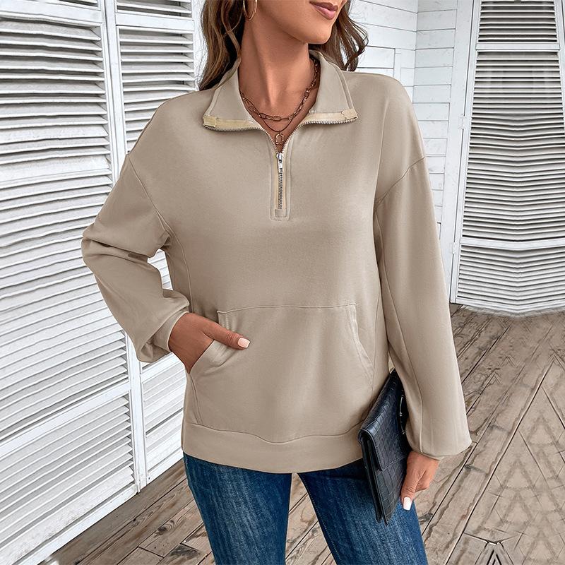 Women's Fashion Casual Fall Winter Solid Color Print Long Sleeve POLO-Neck Pullovers & Long Sleeves