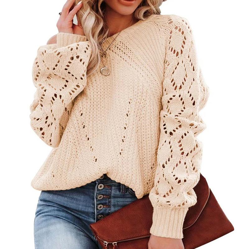 Solid Color Loose Top Women's Plus Size Autumn and Winter Hollow Floral Round Neck Sweater