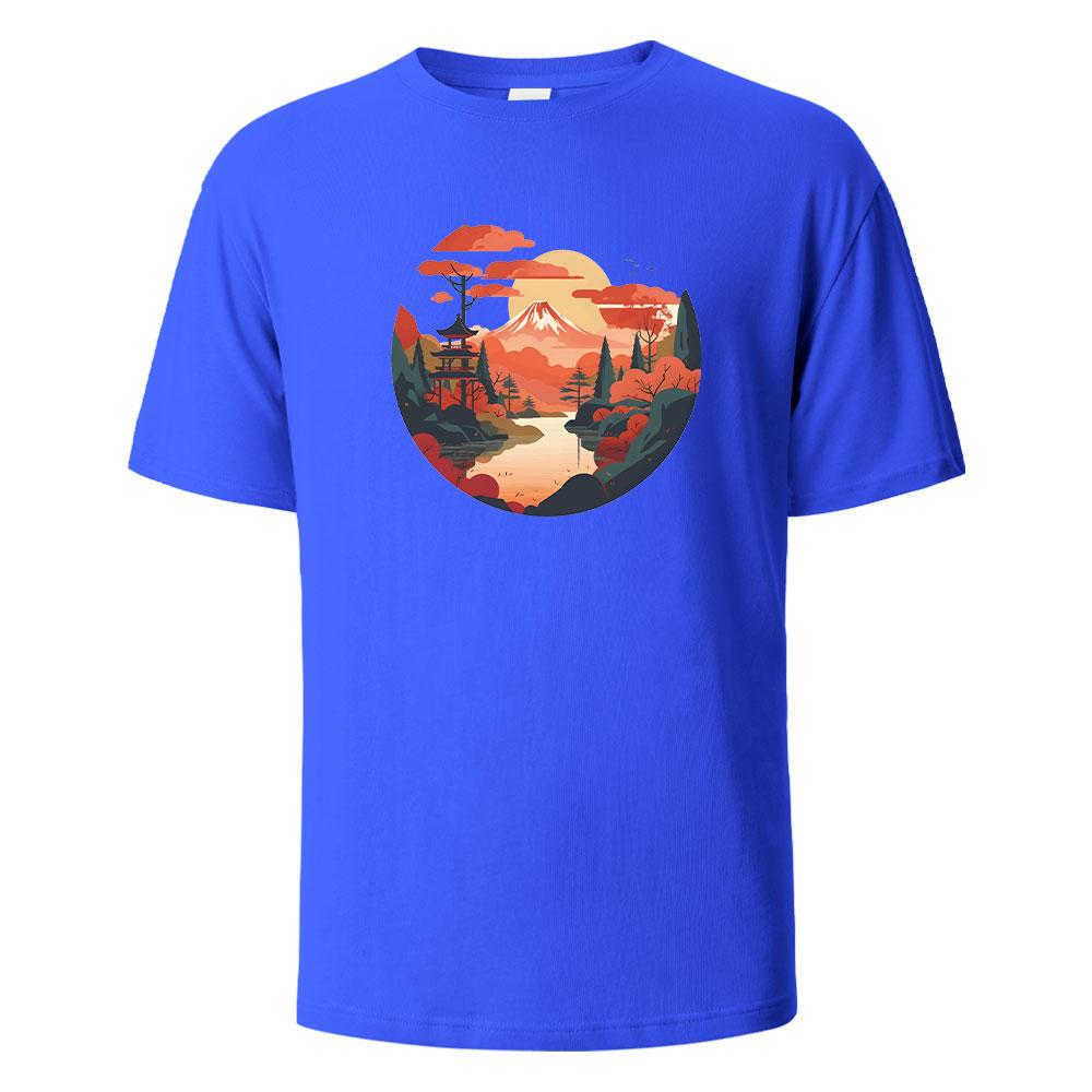 Mount Fuji Print TShirt Casual Short sleeved Streetwear Basic Tops Summer Tees For Men Women 100 Cotton Oneck Oversize