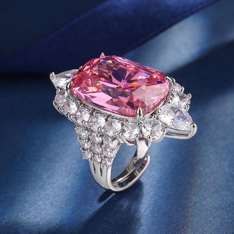 Jewelry Copper Bottom Gold-Plated Simulation Pink Diamond Temperament Light Luxury Pendant Ring Set Female Fat Square Owner 15 * 20