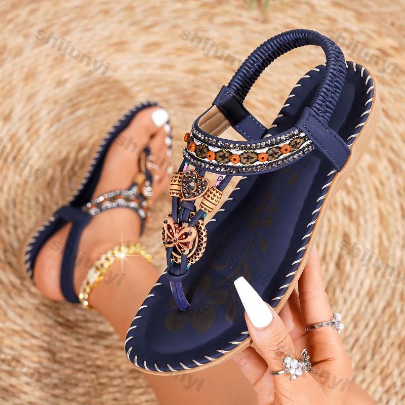 Fashion Large Size Women's Roman Shoes Summer New Lightweight Comfortable Soft Sole Beach Shoes Fashion Rhinestone Non Slip Casual Flats