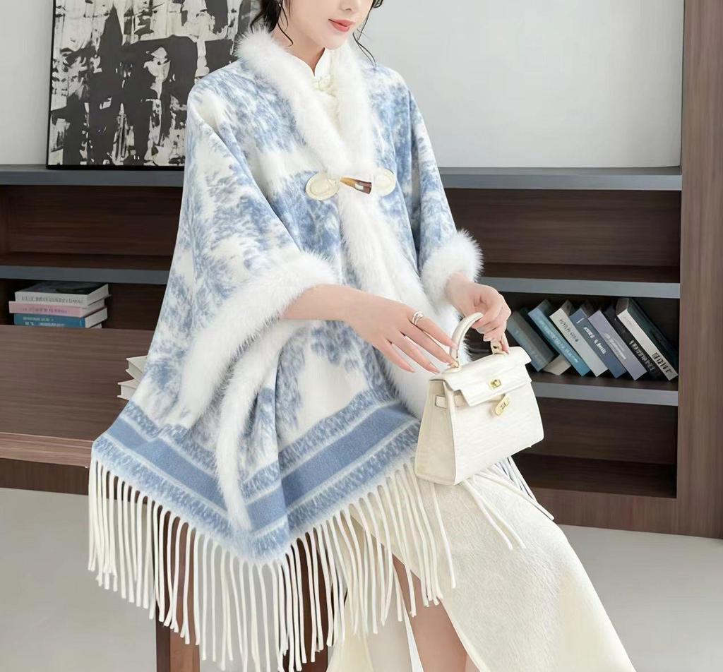 Элегантный женский шаль-накидка с цветочным узором в стиле акварели - Мягкая на ощупь, как кашемир, с бахромой