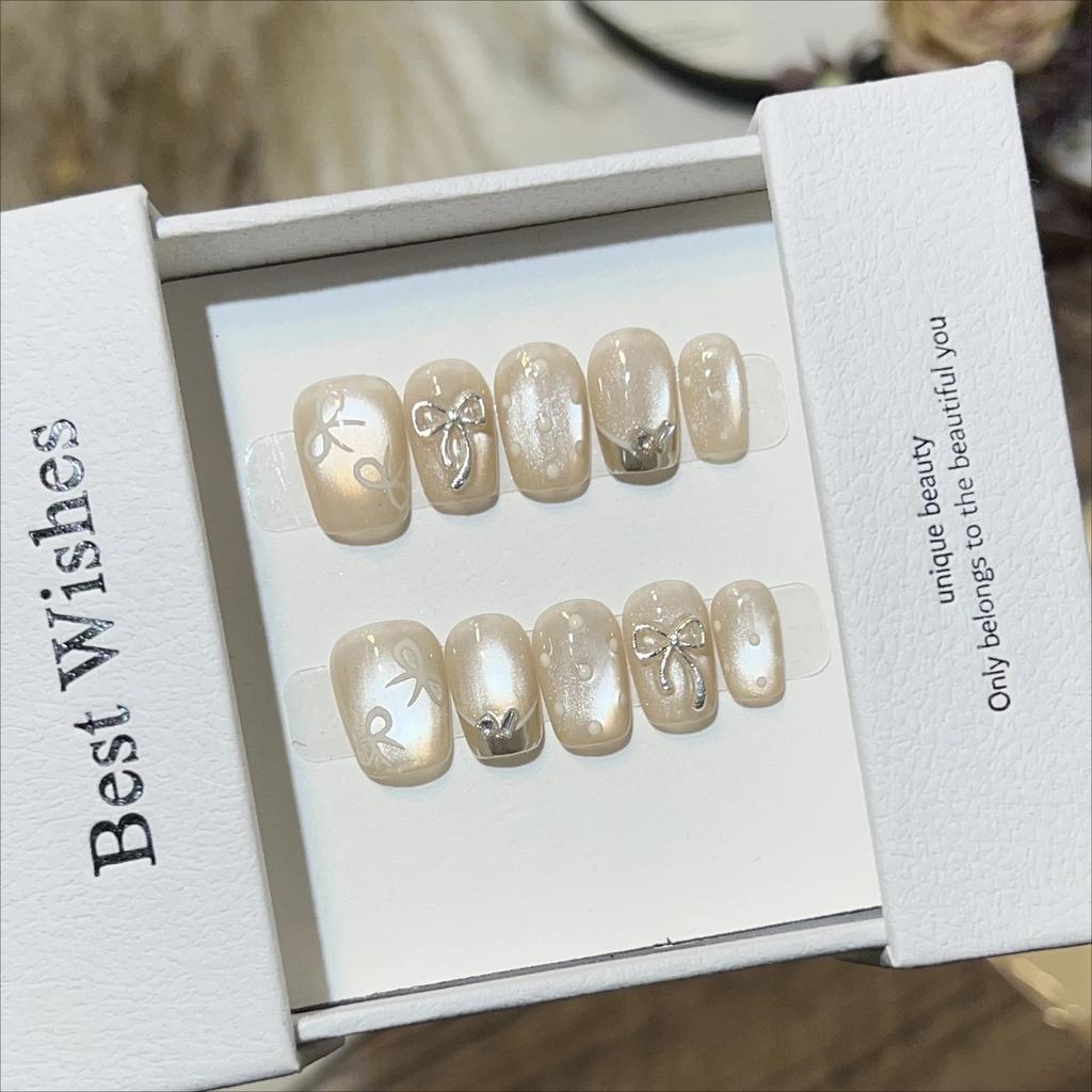 10Pcs Cat Eye Short Square Press On Nails Handmade French Tip With Bow Pearl Crystal Flower Full Cover False Nails
