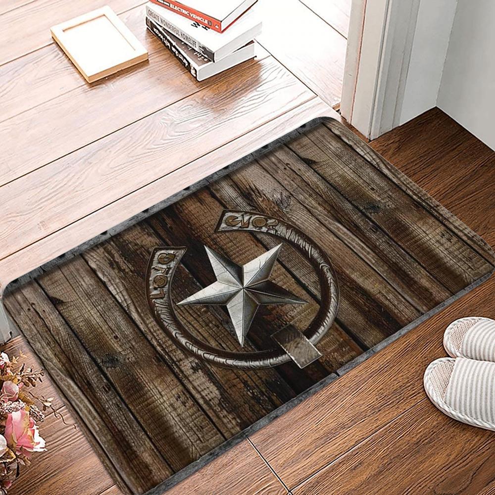 Western Cowhide Entrance Doormat Non-Slip Gold Texas Star Carpet Indoor Outdoor Floor Mat Living Room Bedroom Bath Kitchen Rug