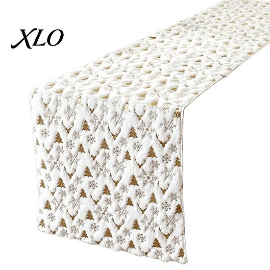 Sideboard Coffee Table Runner Christmas Plush Runner, Foil Stamped Golden Tree Snowflake Festive Centerpiece Decor Fuzzy Holiday Dining Cover for Home