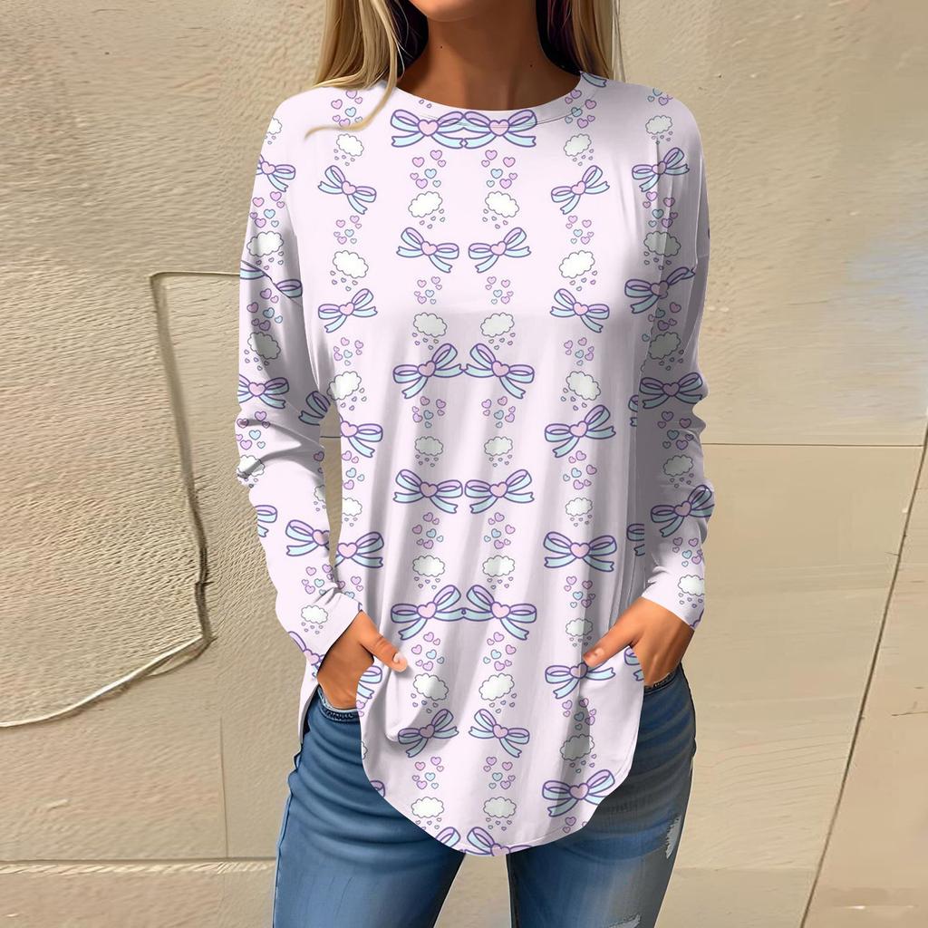 Women's Loose Casual Bow Printed Round Neck Long Sleeved T Shirt Top Pullover Long Sleeved Sweatshirt
