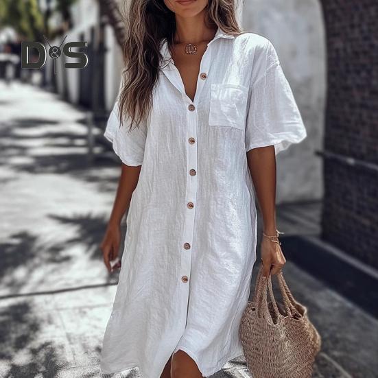 Women Shirt Lapel Short Sleeve Casual Commuter Style Shirt Solid Color Loose Fit Buttons Placket Work Shirt