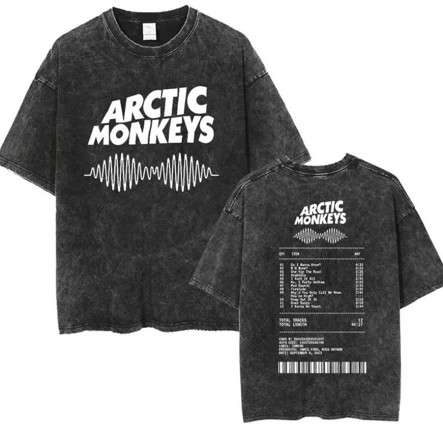 Retro Washed Vintage Women's Cotton Washed T-Shirts O-Neck Distressed Short Sleeve ARCTIC MONKEYS Print Tops