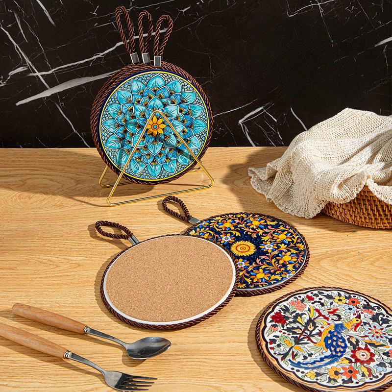 Ceramic Insulation Placemat Anti-scalding Anti-Slip Ethnic Style Dining Table Pan Mat Vintage Cork Placemat Cups Mat Kitchen New
